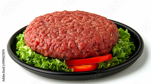 Raw burger patty, lettuce, tomato, plate, studio, food photo