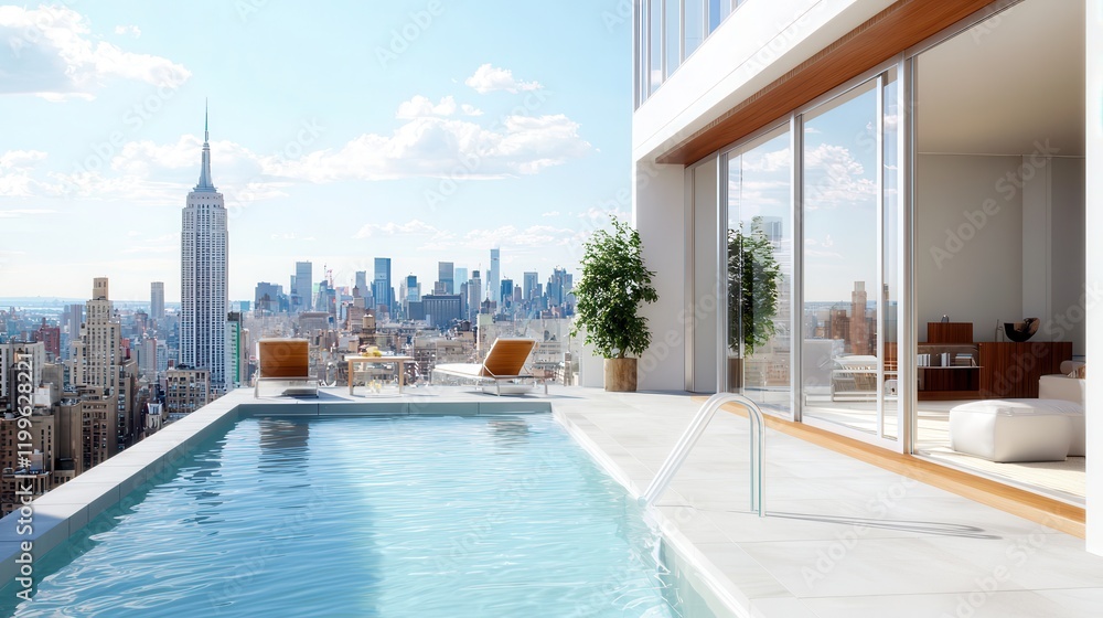 Fototapeta premium Luxury hotel interior showcasing exclusive architecture. Luxury apartment with pool and city skyline view.