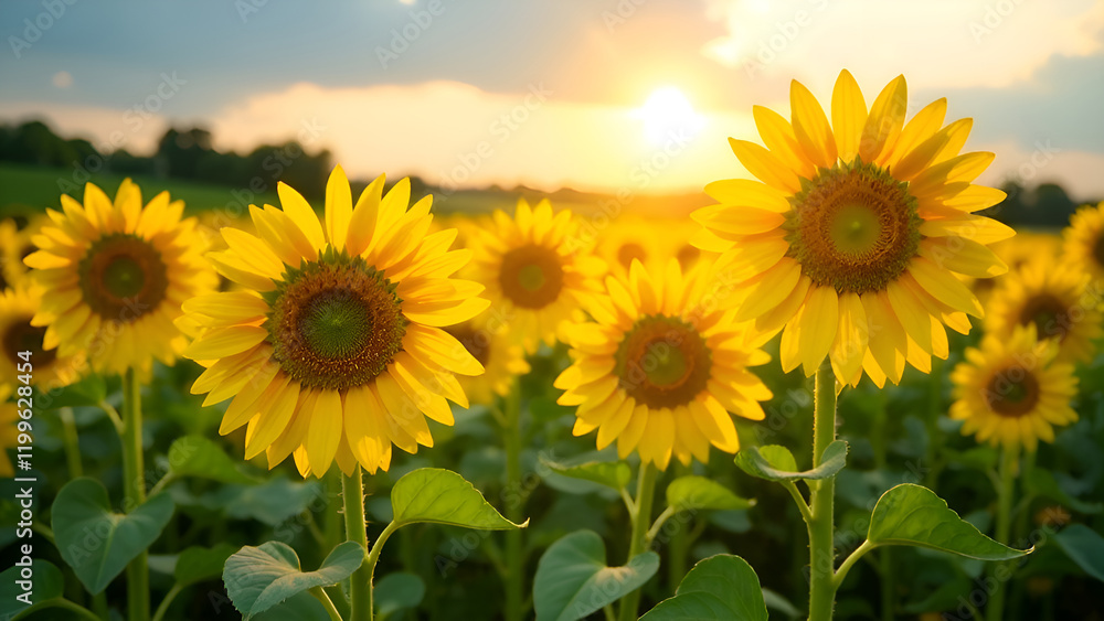 A vast and vibrant field filled with beautiful sunflowers, their bright yellow petals reaching towards the sky as the sun shines down through the clouds, creating a picturesque scene