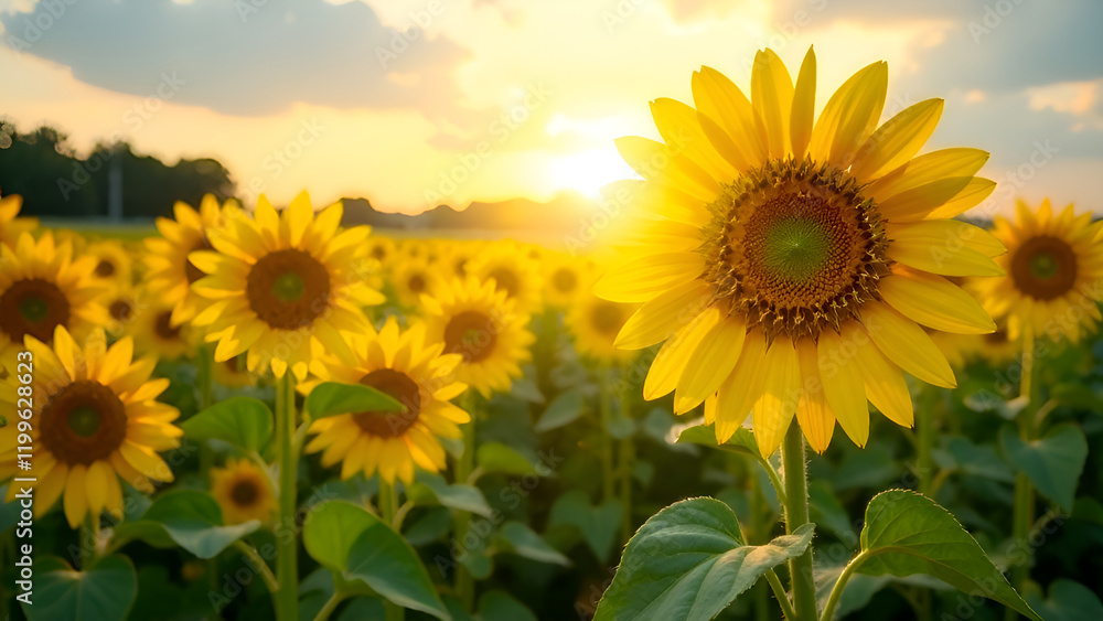 A vast and vibrant field filled with beautiful sunflowers, their bright yellow petals reaching towards the sky as the sun shines down through the clouds, creating a picturesque scene