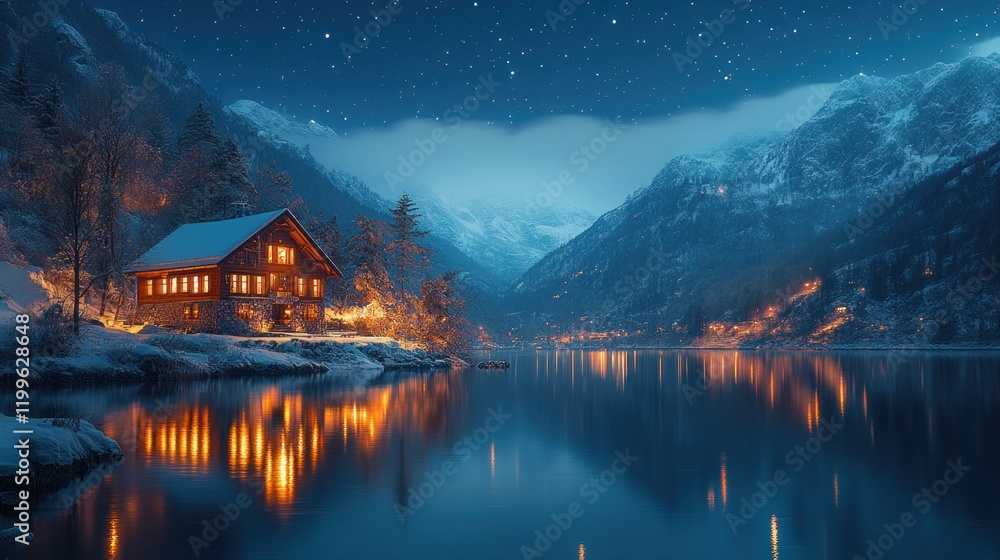 Fototapeta premium Cozy cabin, snowy mountains, starry night.