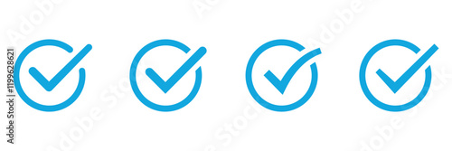 Valid Seal icon. Blue tick in blue circle. Flat OK sticker icon. Isolated on white. Accept button. Good for web and software interfaces. Vector illustration. EPS 10