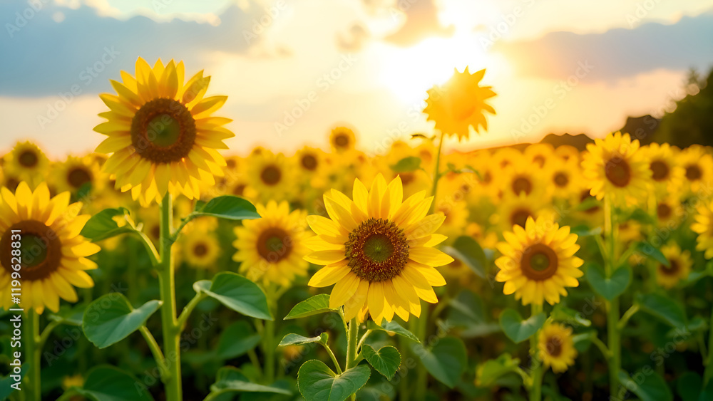A vast and vibrant field filled with beautiful sunflowers, their bright yellow petals reaching towards the sky as the sun shines down through the clouds, creating a picturesque scene