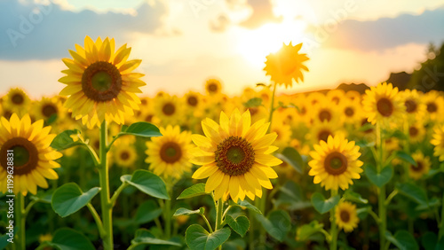 Obraz na płótnie A vast and vibrant field filled with beautiful sunflowers, their bright yellow petals reaching towards the sky as the sun shines down through the clouds, creating a picturesque scene w salonie