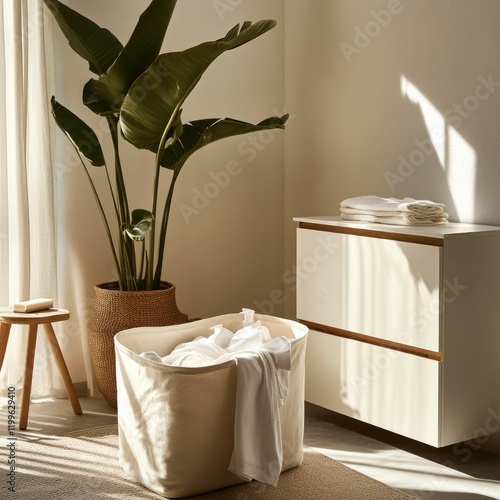 Large Cotton Laundry Basket Next to White Chest of Drawers and Wooden Plant Stand – Modern Interior Design in Light Colors and Beige Tones photo