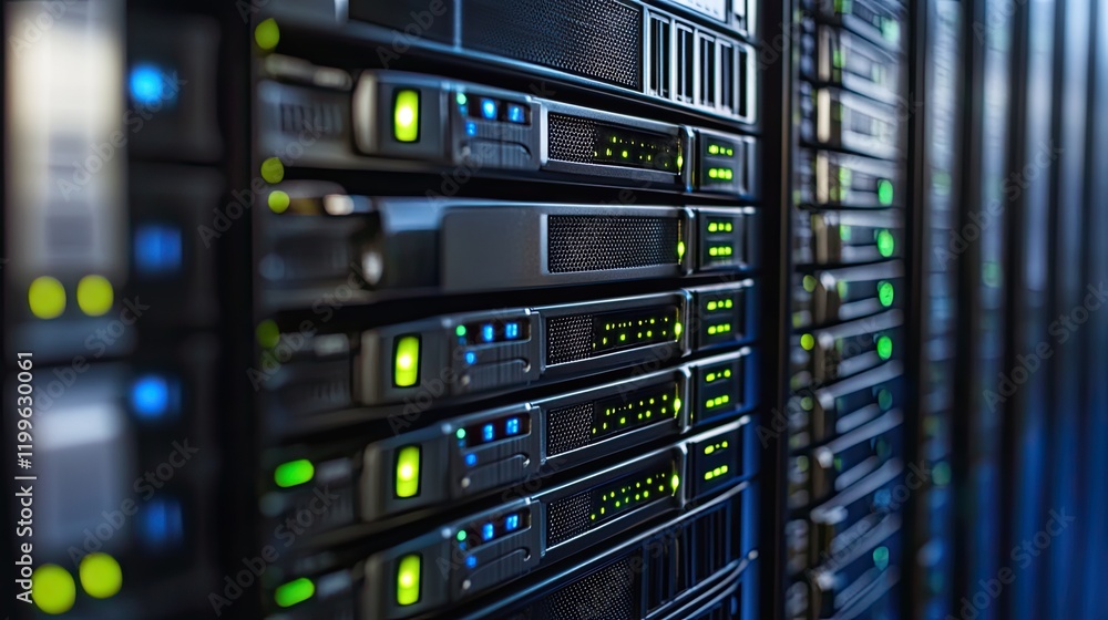 Close up view of server racks in a data center Close up view of server racks in a data center