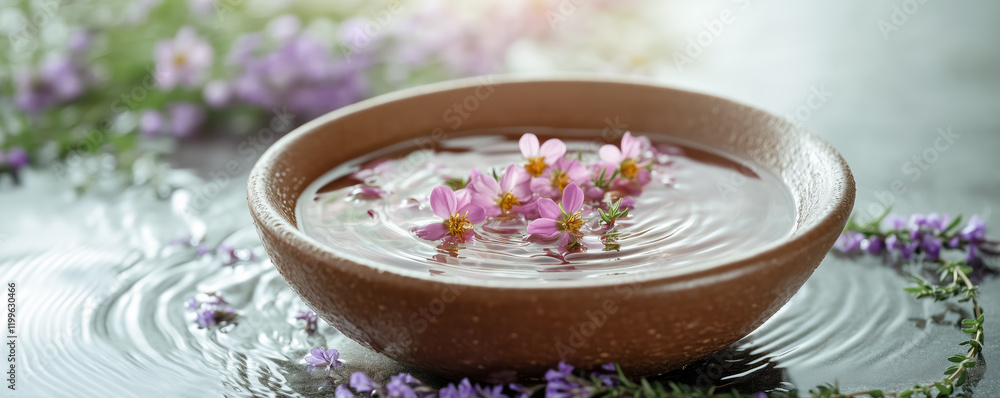 A bowl of fresh flowers and essential oils placing in soft water. Spa treatment concept. A bowl of fresh flowers and essential oils placing in soft water. Spa treatment concept.