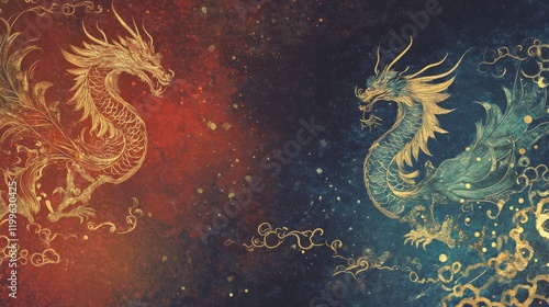 Chinese New Years, Two dragons are shown on a blue and red background