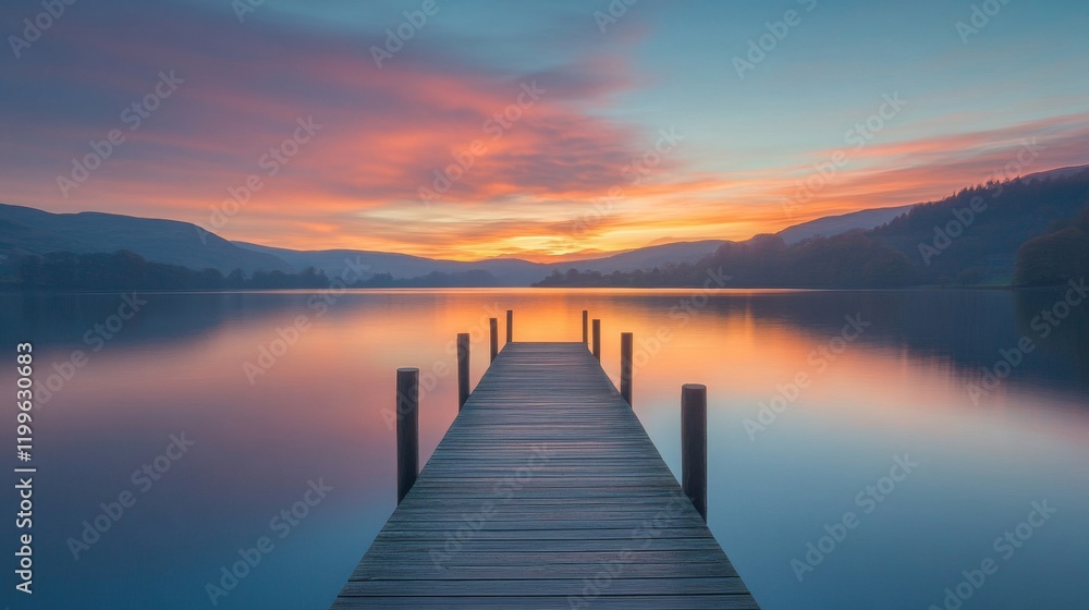 Fototapeta premium Wooden Dock Extending into a Calm Lake at Sunset