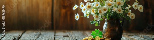 Wallpaper Mural St. Patrick's Day Retro Wallpaper with Clovers, Gold Coins, and Daisies on Wooden Background Torontodigital.ca