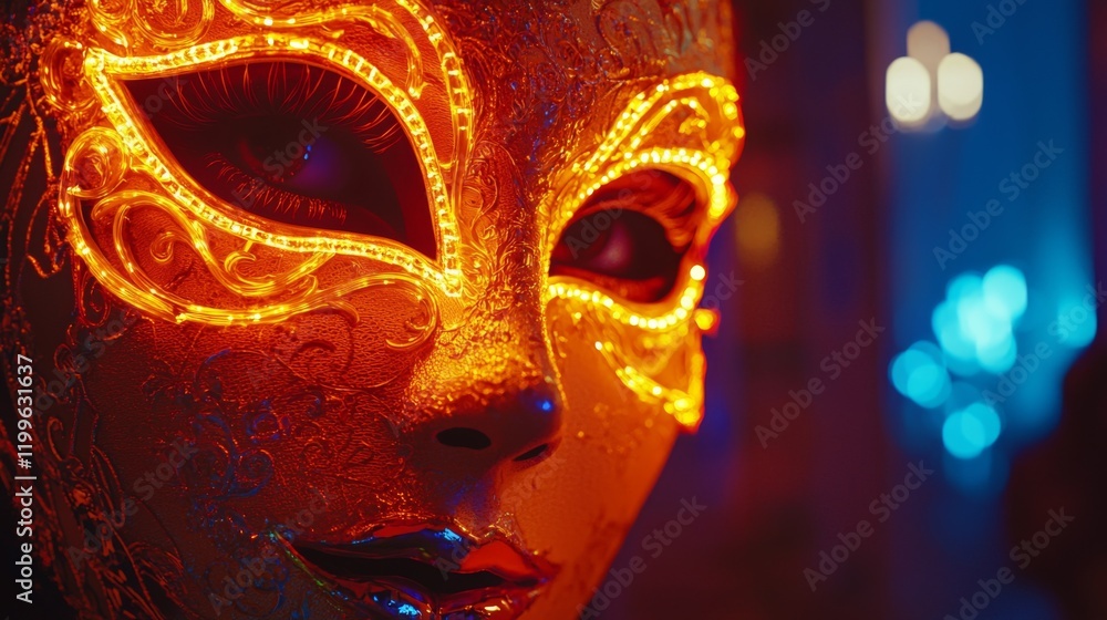 Illuminated Venetian Mask Close up Glowing Ornate Design Mysterious Face Illuminated Venetian Mask Close up Glowing Ornate Design Mysterious Face