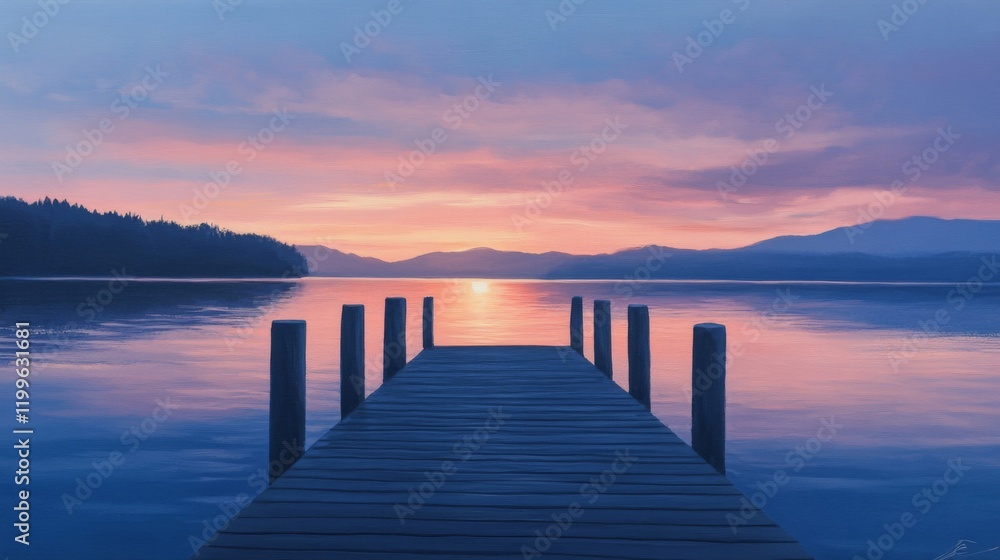 Fototapeta premium Wooden Dock Extending into a Calm Lake at Sunset