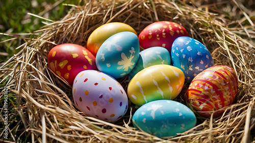 Easter Colored Eggs in Grass - Festive Spring Decoration