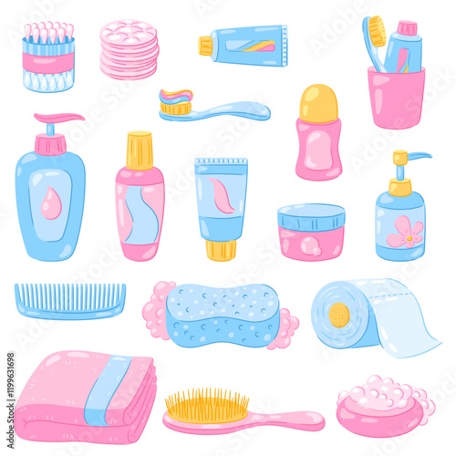 Set of hygiene objects. Washing, beauty, body care. Personal hygiene and self care items.