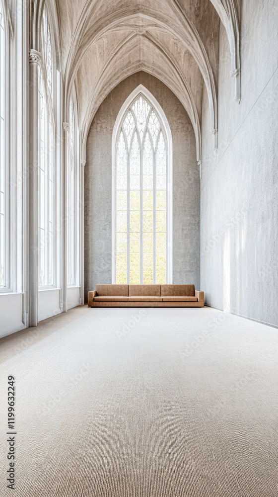 Fototapeta premium Spacious interior with tall arched windows and minimal furniture in a modern design