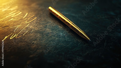 Golden Pen Resting on Dark Surface With Scratches photo