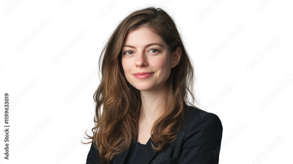 A professional woman with long hair smiles confidently, showcasing a friendly demeanor against a white isolated background. A professional woman with long hair smiles confidently, showcasing a friendly demeanor against a white isolated background.