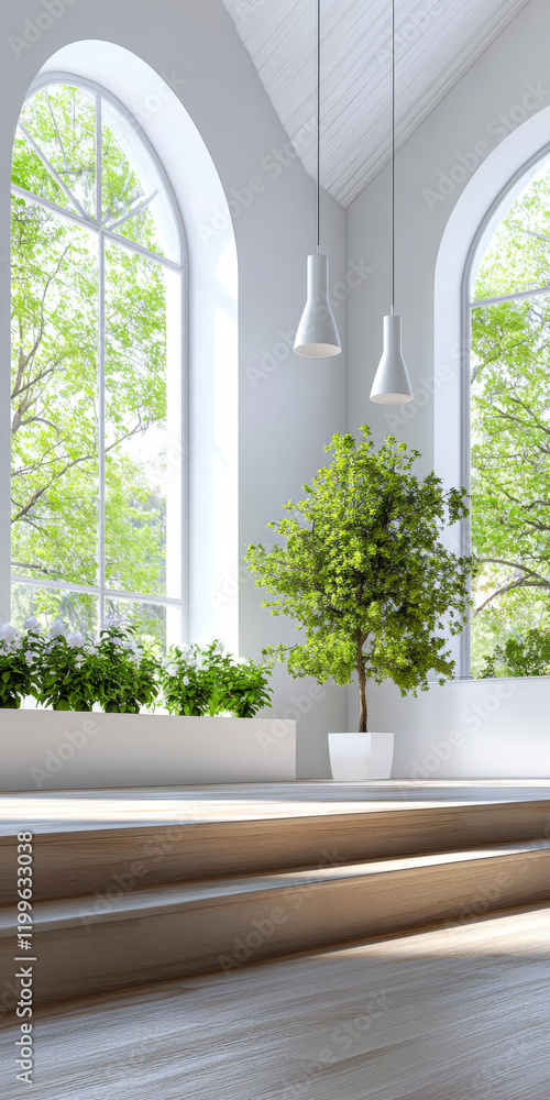 Fototapeta premium Bright interior with large windows and greenery in a modern space full of natural light