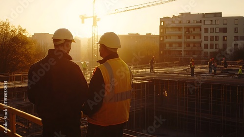 An Engineer and Site Manager Discussing the Construction Plans at a Building Site photo