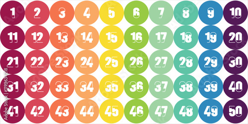 Number Chart 1-50 squares, kids full color circles, gray, icons, logos, premium,