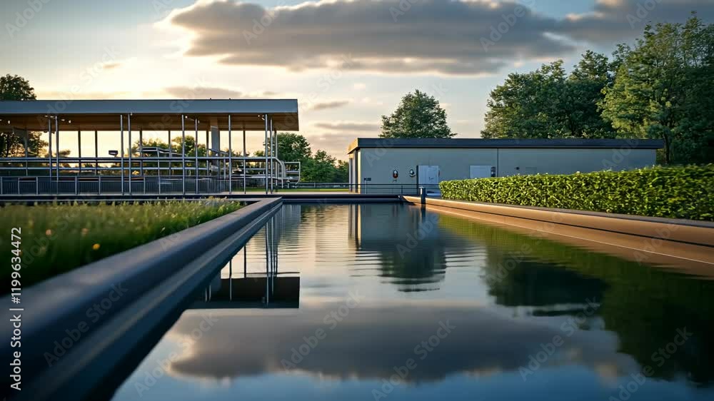 Modern Water Treatment Facility at Sunset, water treatment plant, wastewater treatment, water purification, clean water, renewable energy