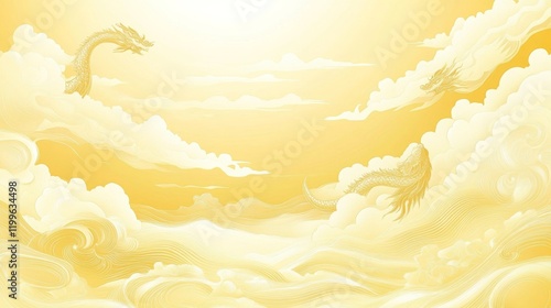Chinese New Years, A yellow sky with clouds and two dragons flying in the sky