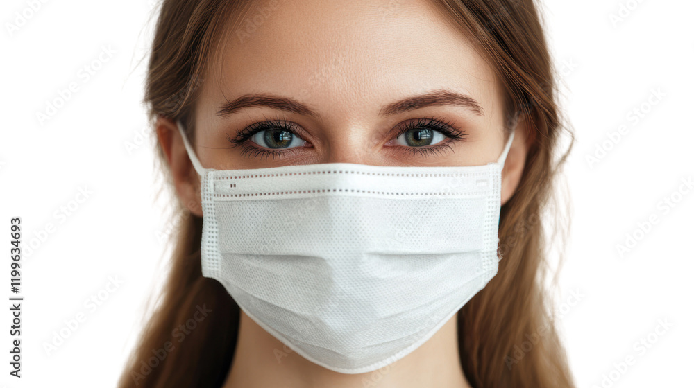 Young woman wearing a protective medical mask, showcasing health awareness and safety in a modern environment. Young woman wearing a protective medical mask, showcasing health awareness and safety in a modern environment.