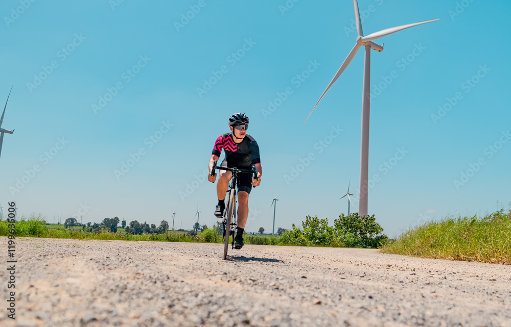 Obraz premium Cyclist navigating a gravel path surrounded by wind turbines on a sunny day