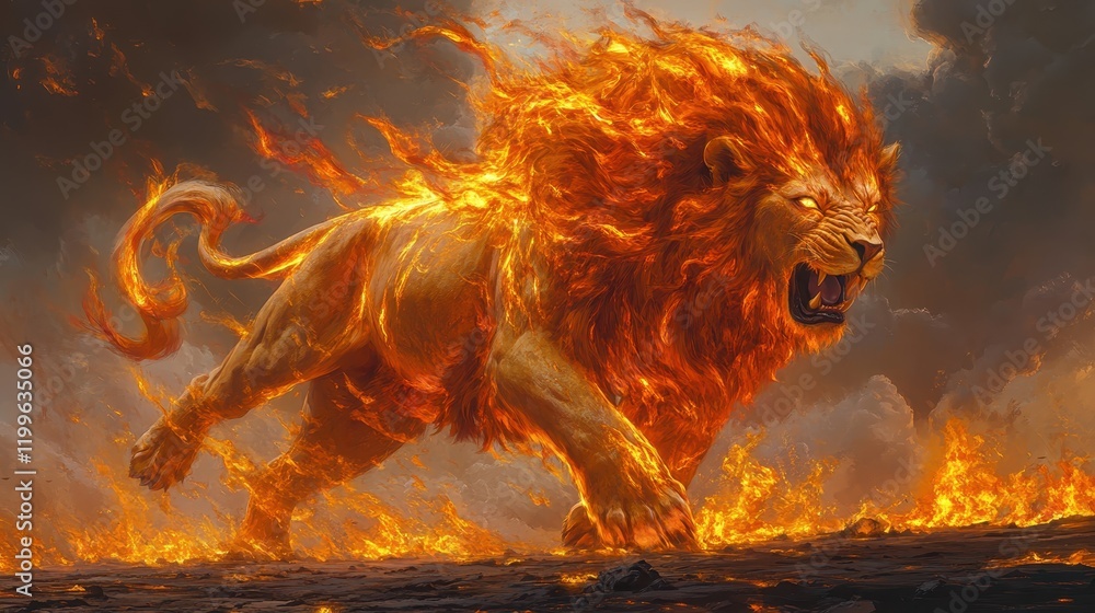 Majestic Fiery Lion Roaring Amidst Flames in a Dramatic and Powerful Fantasy Scene with Intense Colors and Dynamic Motion