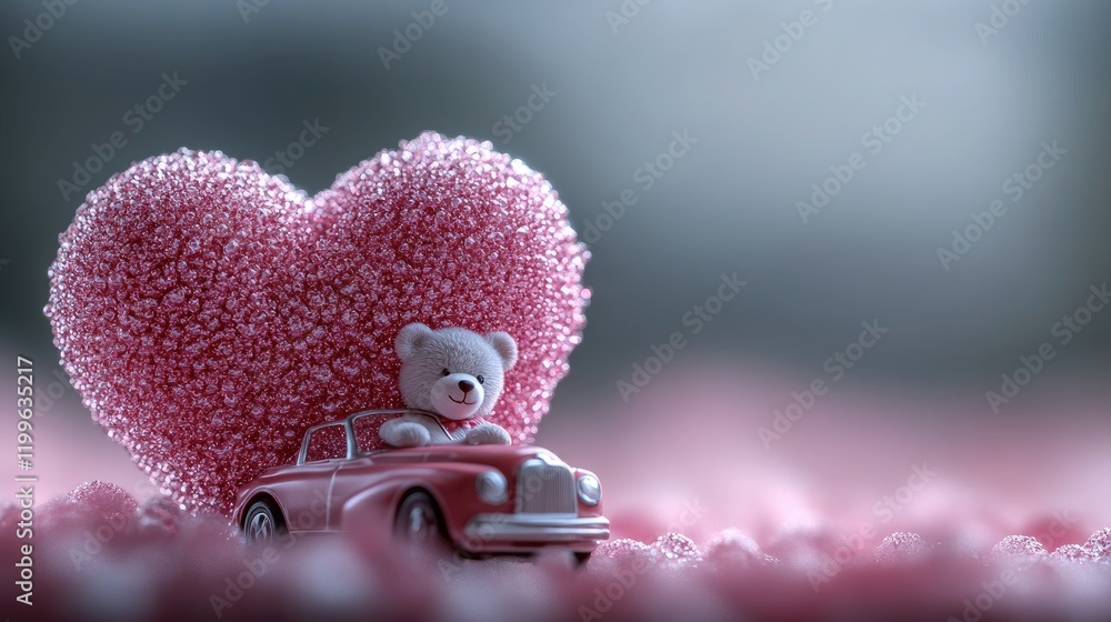 Fototapeta premium Miniature toy retro car with a heart symbol and a teddy bear on the roof. Valentine's day and love concept. Copy space for text.