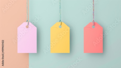 Pastel gift tags hanging, minimalist background, sale promotion