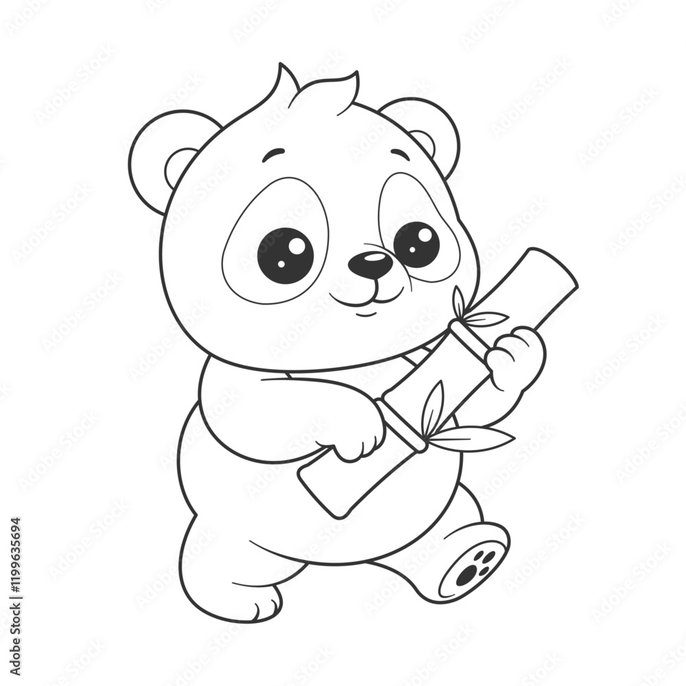Obraz premium Cute panda carrying a piece of bamboo for coloring