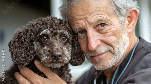 Elderly Veterinarian Gently Holding and Inspecting Dog s Ears During Routine Checkup at Animal Medical Clinic or Hospital photo