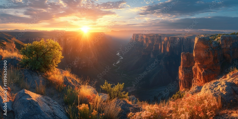 Naklejka premium A stunning canyon view at sunset, symbolizing the beauty of natural landscapes and the spirit of adventure. Ideal for travel and exploration-related content.