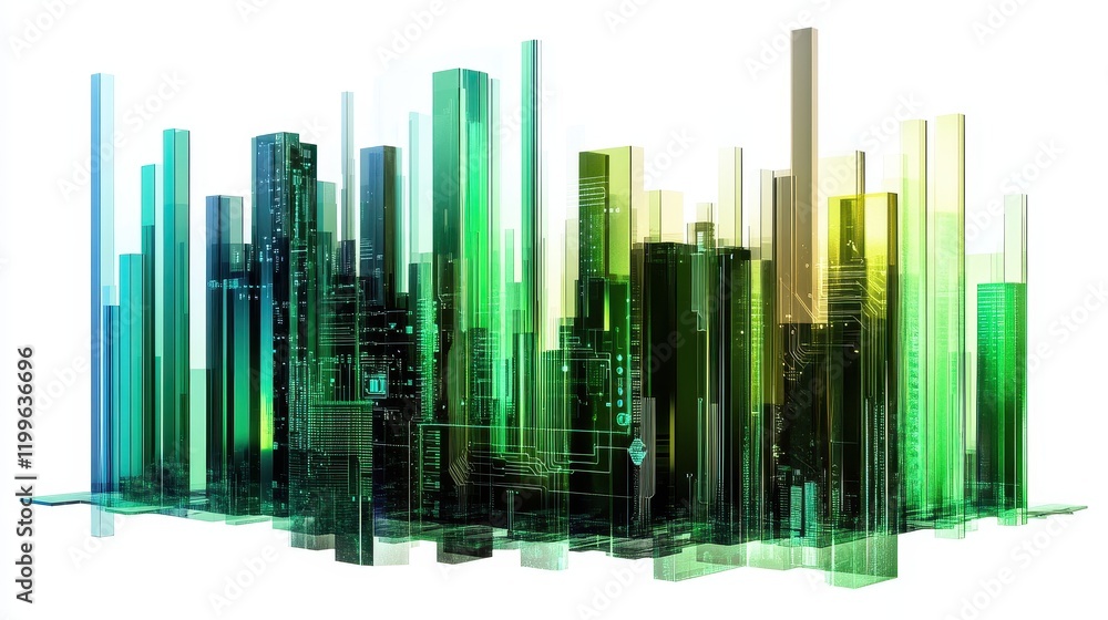 Obraz premium A futuristic bar chart, AI business analytics, circuit design overlay, metallic and green hues, isolated on white background