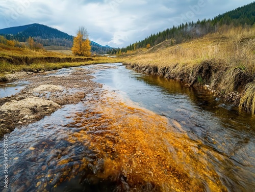 crystal clear mountain stream being tainted by industrial runoff, creating dramatic contrast between pristine nature and pollution