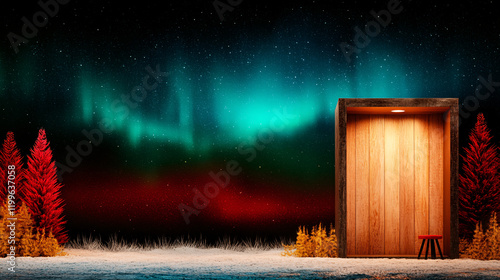 wooden door stands against stunning aurora borealis backdrop, surrounded by vibrant red and yellow foliage. scene evokes sense of wonder and tranquility photo