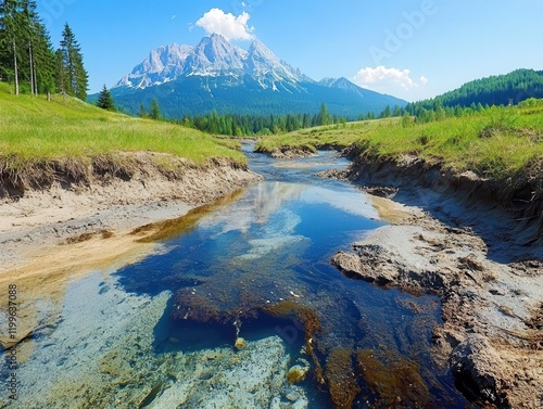 crystal clear mountain stream being tainted by industrial runoff, creating dramatic contrast between pristine nature and pollution photo