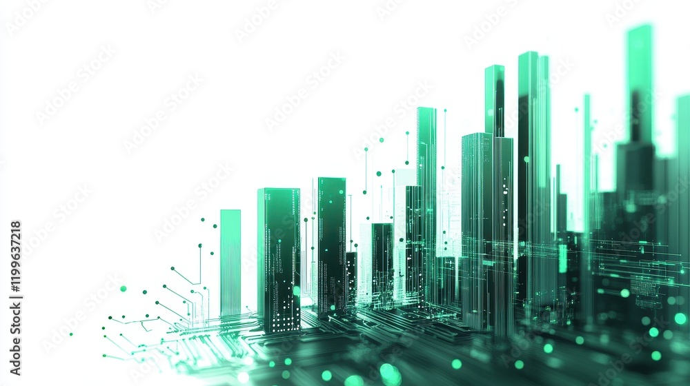 Fototapeta premium A futuristic bar chart, AI business analytics, circuit design overlay, metallic and green hues, isolated on white background