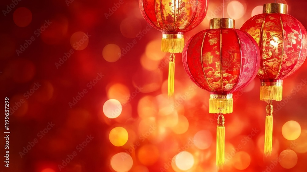 Chinese New Years, Three red lanterns hanging from a red background Chinese New Years, Three red lanterns hanging from a red background