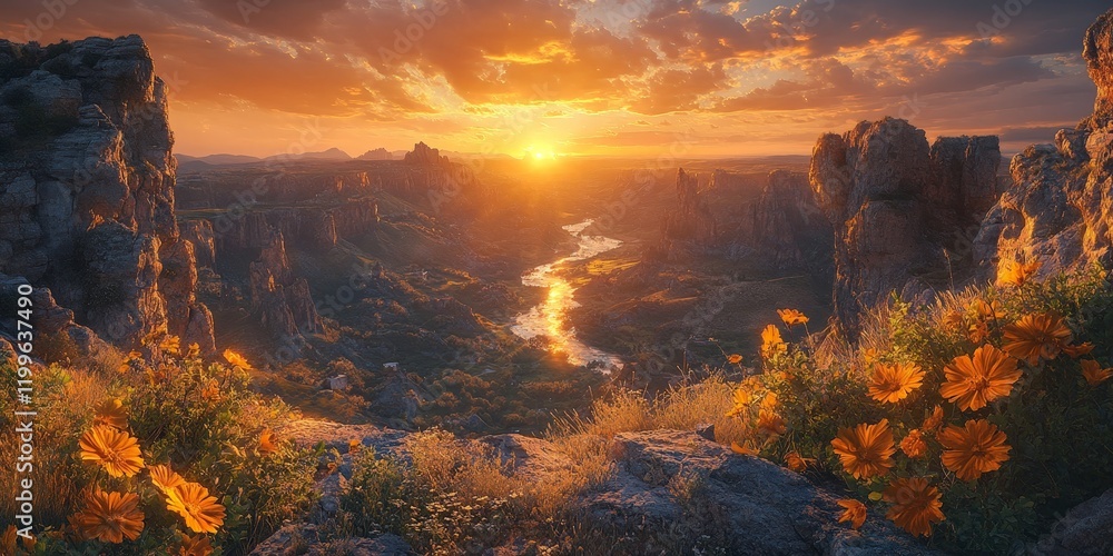 Fototapeta premium A stunning canyon view at sunset, symbolizing the beauty of natural landscapes and the spirit of adventure. Ideal for travel and exploration-related content.