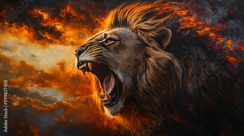 majestic lion roars fiercely against dramatic fiery sky, showcasing its powerful presence and strength. vibrant colors and intense expression capture essence of wild