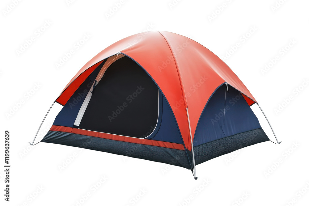 Bright red and blue camping tent set up for an outdoor adventure in nature during daytime Bright red and blue camping tent set up for an outdoor adventure in nature during daytime