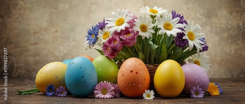 Easter greeting card with flowers and easter eggs photo