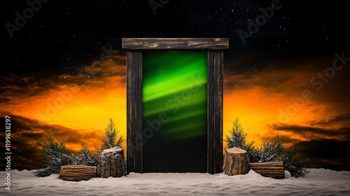 mystical door stands in snowy landscape, framed by logs and surrounded by trees, with vibrant northern lights illuminating sky in shades of green and orange photo