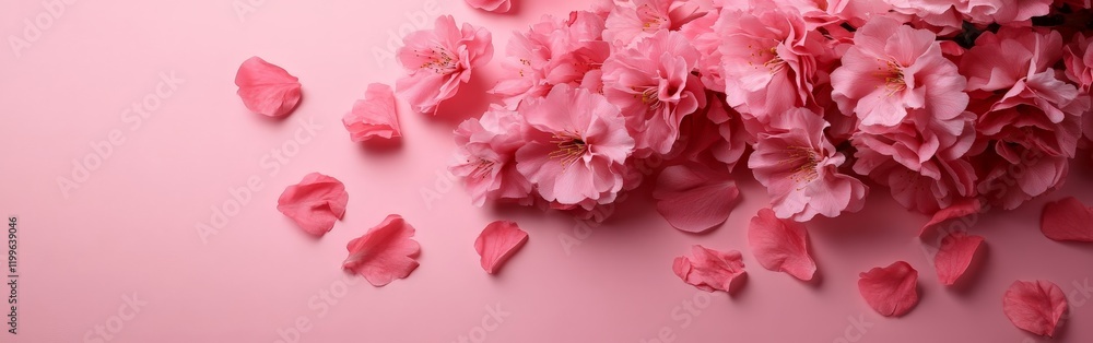 A flat lay of cherry blossoms on a pink background, symbolizing spring, beauty, and celebrations. Ideal for greeting cards, weddings, and feminine designs. A flat lay of cherry blossoms on a pink background, symbolizing spring, beauty, and celebrations. Ideal for greeting cards, weddings, and feminine designs.