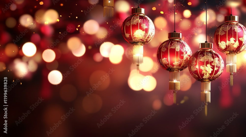 Chinese New Years, A red and gold lantern with a gold chain hangs from the ceiling Chinese New Years, A red and gold lantern with a gold chain hangs from the ceiling