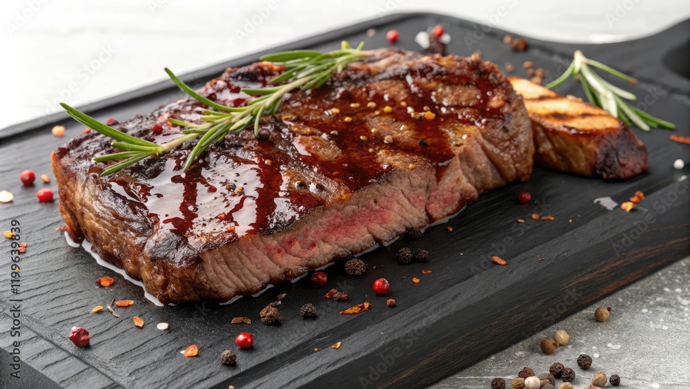 Aged cooked beef striploin with a sweet and spicy barbecue glaze on a black wood board, grilled steak, dark wood board, barbecue glaze Aged cooked beef striploin with a sweet and spicy barbecue glaze on a black wood board, grilled steak, dark wood board, barbecue glaze