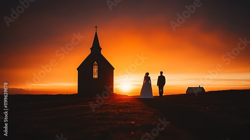 Icelandic Black Church at Sunset with Bride and Groom in a Beautiful Romantic Setting photo