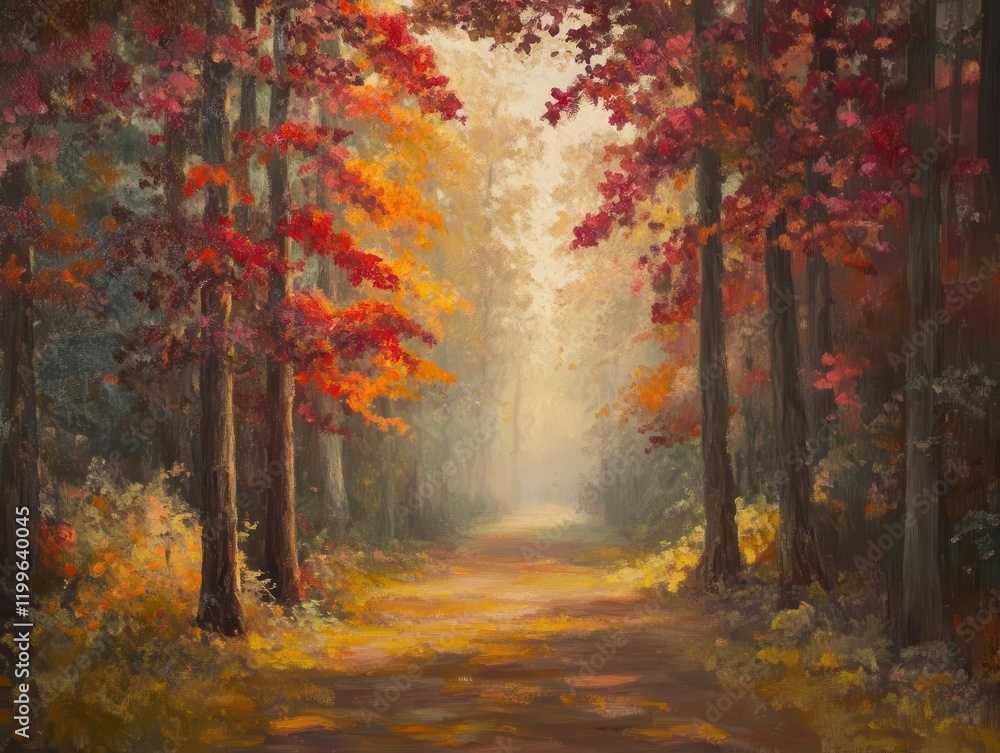 Fototapeta premium enchanted forest path lined with towering maples, sunlight filtering through crimson and amber leaves, misty morning atmosphere